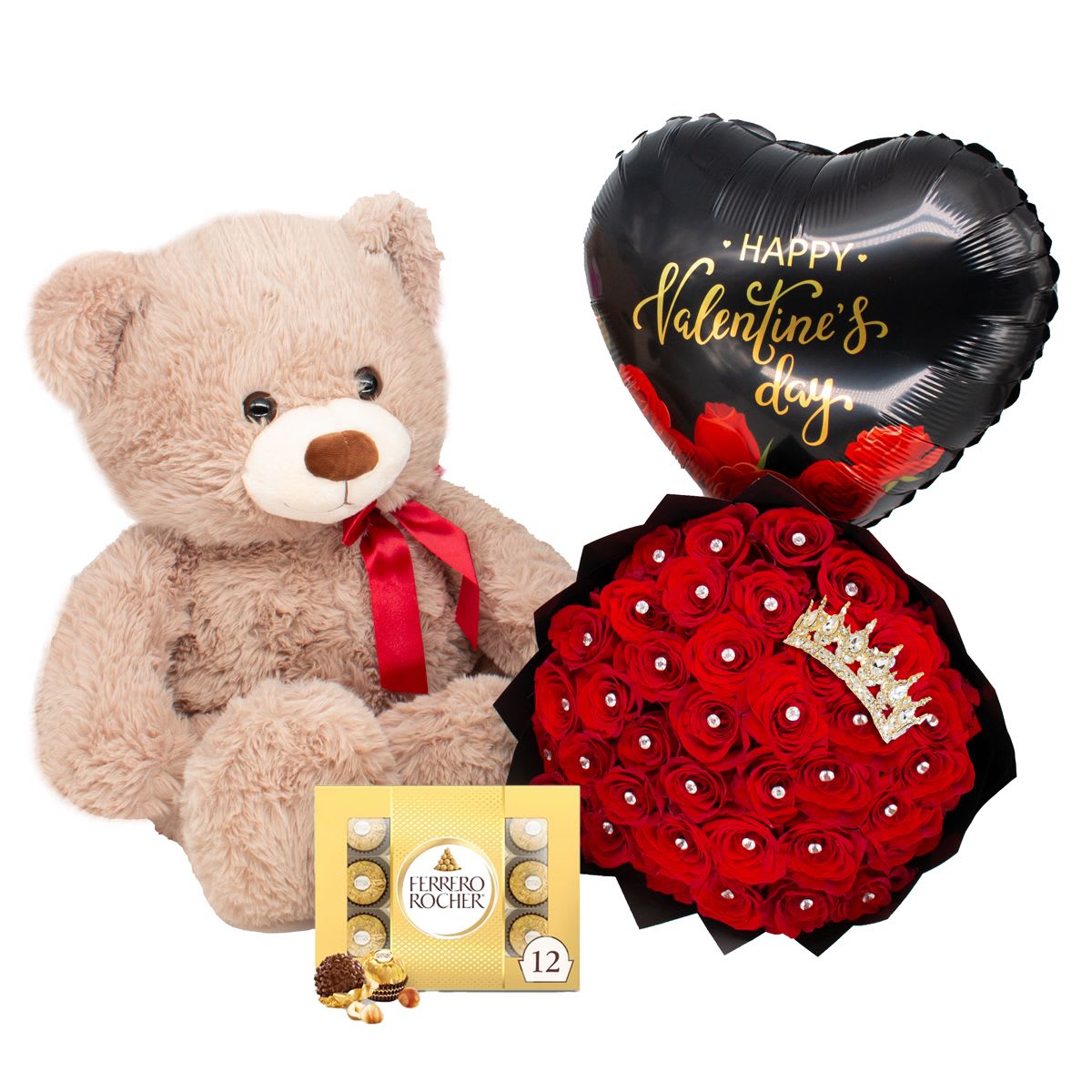 Teddy bear with red ribbon, heart balloon, red rose bouquet, and chocolate box