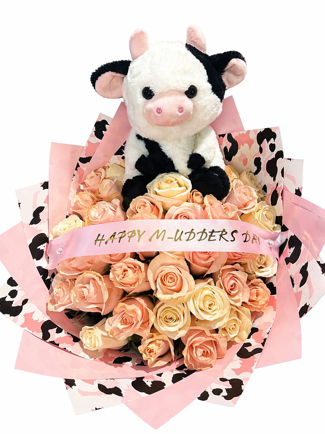 Sweet Moo Love  - Hermoso arreglo con tonos rosado claro , cuidadosamente adornado envueltas en papel elegante diseño moderno. Incluye un tierno peluche de vaquita Que le da un toque unico.(Frase personalisada para cada ocacion)