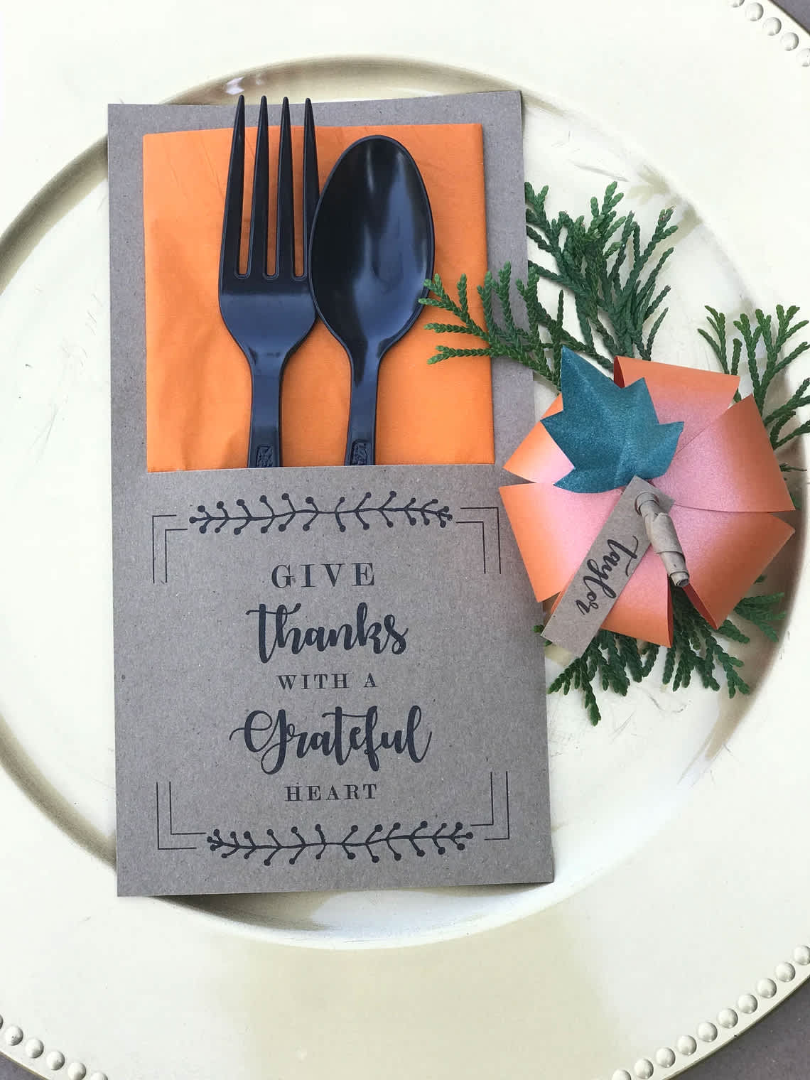 Thank-you gift set with a card, plastic cutlery, and a paper favor box
