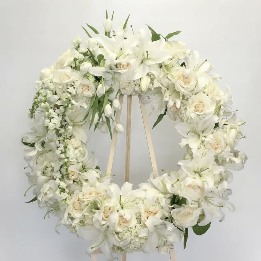 White floral wreath on a wooden stand