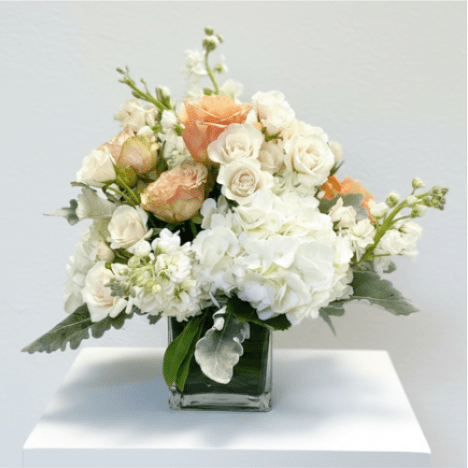 Buttercream Dreams - Nice assortment of seasonal fresh flowers including stems like hydrangeas, spray roses, garden roses and long stock. Designed in a clear glass cube vase. 