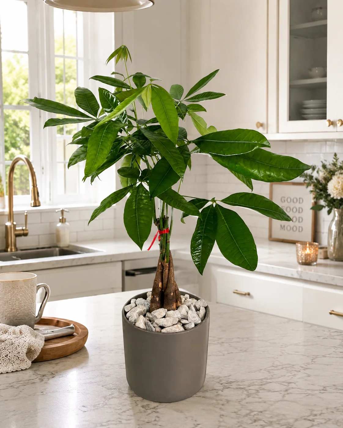 Potted money tree plant in a gray container with white stones