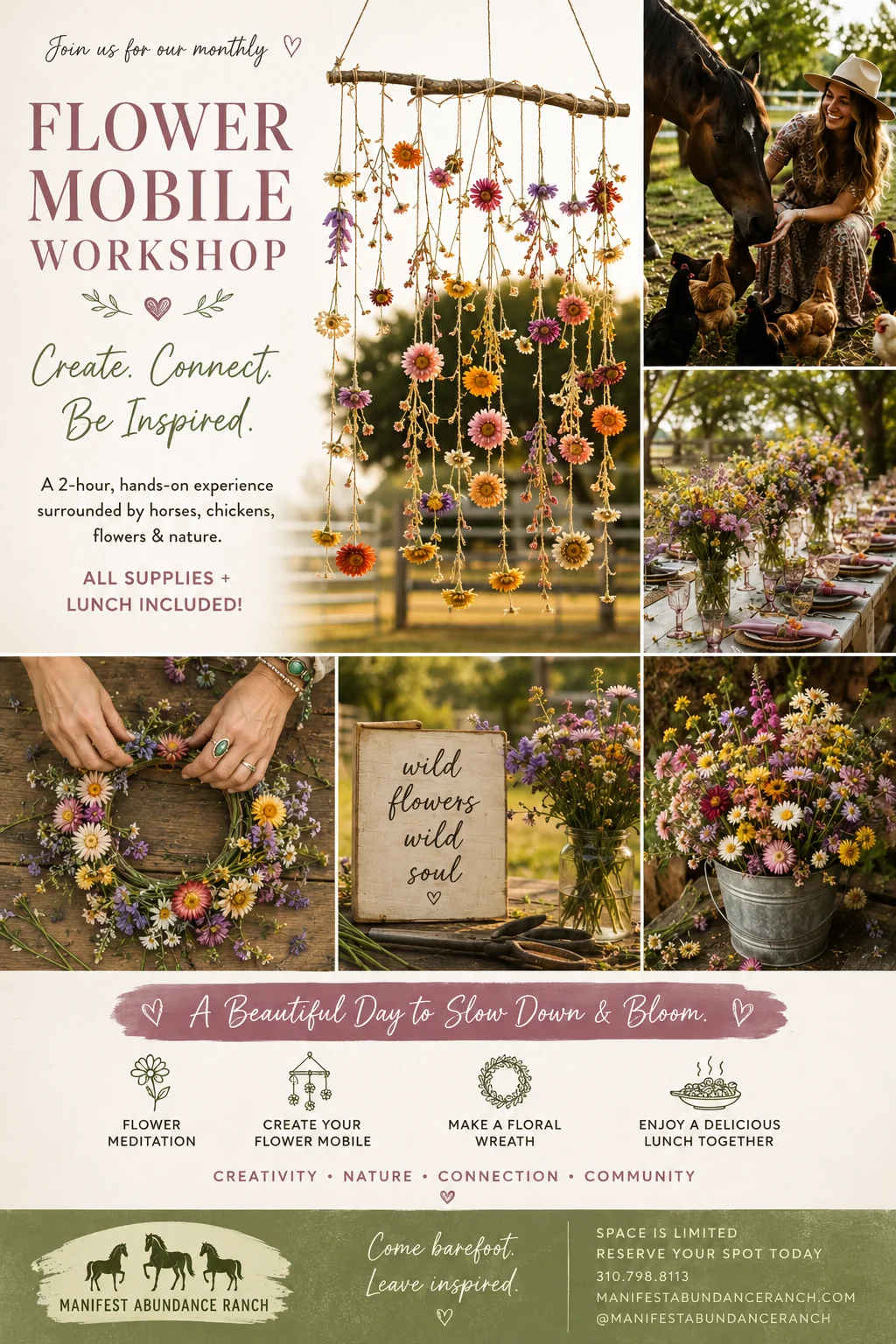 Poster for a flower mobile workshop with wildflower arrangements and wreaths