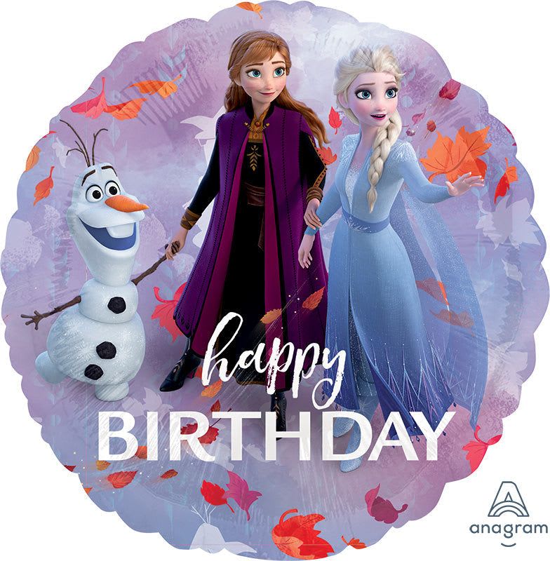 18" Frozen Themed Mylar Balloon  - A cheerful round foil balloon featuring Anna, Elsa and Olaf makes a Frozen-themed birthday gift that will instantly charm a child who loves the movie. This birthday balloon pairs the familiar characters with soft lavender and icy blue backgrounds-accented by playful orange and red leaf graphics-so it reads as both festive and seasonally playful for a birthday celebration.  Made from durable foil, the round mylar balloon arrives printed with large white "happy BIRTHDAY" text across the lower half for clear party messaging. The purple, blue, white and orange color palette keeps the look bright and kid-friendly; it's ideal as a solo topper to a gift, tucked into a bouquet, or used as table décor at a Frozen party. Inflate with helium for floating impact or air for a wall or centerpiece display; recommended for indoor use and to keep away from sharp edges and heat.
