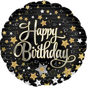 18" Happy birthday Gold Stars Balloon  - A festive 18" Happy Birthday gold stars foil balloon brings an instant party vibe - perfect as a birthday balloon or cake topper for any age. The round balloon features a bold black background sprinkled with metallic gold and white stars and a large pale-gold "Happy Birthday" script that catches the light, creating a night-sky, celebratory look that will make the person you're honoring feel celebrated.  This arrangement is a single 18" foil balloon (no flowers) in black, yellow/gold, and white tones, ready to pair with bouquets or stand alone as a cheerful gift. Lightweight and easy to display, it's ideal for gifting to friends, family, coworkers, or adding to party décor; order it the day of delivery to ensure maximum float and festive impact.