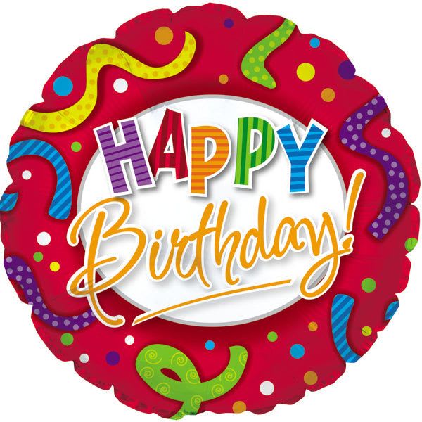 18" Happy Birthday Red Stripes and Dots  - Bright, playful party energy defines this 18" Happy Birthday Red Stripes and Dots flower arrangement accessory - a round foil birthday balloon with a bold red border and a white center declaring "Happy Birthday!" in multicolored, striped-and-dotted lettering. Designed for birthday celebrations, this cheerful balloon brings instant festivity and a kid-friendly, celebratory vibe that makes the recipient feel seen and celebrated from the moment they walk in the room.  The balloon pairs with floral arrangements or stands on its own as a small gift topper; its vivid red, white, and mixed-color palette complements bright and mixed bouquets and adds height and movement to any delivery. Measuring 18 inches across, the durable foil keeps its color and shine longer than latex balloons, and it arrives ready to float - an uplifting finishing touch that signals joy and party spirit for birthdays of all ages.