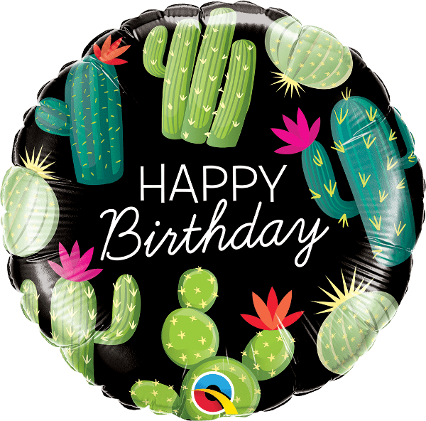 18" Round Cactuses Happy Birthday Balloon  - A bold 18" round foil balloon that reads "Happy Birthday" in crisp white lettering-perfect for a fun, casual birthday celebration. The black background makes the colorful cactus illustrations in green, teal, pink, and orange pop, giving the balloon a playful desert-party vibe that will make the person you're celebrating smile.  Made from durable foil, this 18-inch balloon holds helium well for table accents, bouquet anchors, or as a cheerful grab-and-go gift topper. The lightweight, eye-catching design pairs easily with other balloons or party decor; order ready-to-fill or ask us to add helium so it's party-ready on arrival.