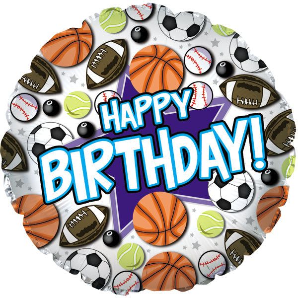 18" Happy Birthday Sport Themed Mylar Balloon - Bright, playful and unmistakably sporty, this 18" Happy Birthday sport themed mylar balloon is the perfect accent for a birthday party or gift for the young athlete in your life. The round foil balloon announces "Happy Birthday" over a purple starburst and is surrounded by bold illustrations of basketballs, soccer balls, footballs, baseballs, tennis balls and billiard balls-making it an ideal birthday decoration for kids, teens, coaches, or any sports fan.  The color mix-white background with bright blue, orange, black and lime accents-gives the balloon a lively, kid-friendly feel that pops on tabletops, gift packages, or as part of a larger party display. The 18" foil construction holds helium well for longer float time than latex balloons and keeps the printed sports graphics crisp and festive.  Give someone the thrill of being celebrated for the game they love-this balloon sends a clear, joyful message for birthday parties, team celebrations, or post-game surprises. Order with confidence for pick-up or delivery and pair it with bouquets or treats to create a winning gift package that will make the recipient feel seen and celebrated.