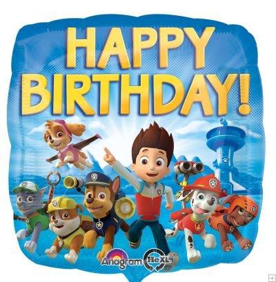 18" Paw Patrol Happy Birthday Mylar - Make a kid's birthday extra cheerful with an 18" Paw Patrol Happy Birthday foil balloon-the perfect party accent for a birthday celebration or to brighten a child's room. This square blue foil balloon features bold yellow "HAPPY BIRTHDAY!" lettering and smiling Paw Patrol characters across the lower half, creating an instantly festive, playful look that will make the birthday child feel celebrated and seen.  Printed in bright primary colors-blue, yellow, red, and white-the durable foil balloon holds shape longer than latex and pairs easily with ribbon or a small weight for tabletop or centerpiece use. At 18" square, it's an eye-catching single-piece decoration that works well alone or combined with bouquets and party arrangements for a coordinated birthday display. Order for pickup or delivery to add a fun, character-themed finishing touch to a child's special day.