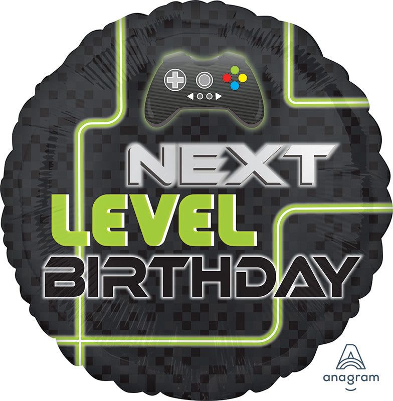 18" "Next Level" Gamer Birthday Balloon  - Level up birthday fun with an 18" round foil balloon designed for the gamer in your life. This gamer birthday balloon features a dark pixel-pattern background, neon green circuit-like accents, and a bold game controller graphic-paired with large "NEXT LEVEL BIRTHDAY" text in white and lime green-to create a playful, modern centerpiece for a video game-themed party or a teen's special day.  Made of durable foil, the 18-inch balloon holds shape and color for longer than latex, offering bright black, green and white design details that pop against party décor. It's ready to inflate with air or helium and pairs perfectly with other black, green, or white balloons and tableware to complete a cohesive gamer look.  Perfect for surprising a birthday player, decorating a gaming session, or topping a gift table, this balloon sends the message that the recipient is being celebrated in a fun, on-theme way. Order the foil balloon inflated with helium for float time or uninflated for easy transport and last-minute setup.