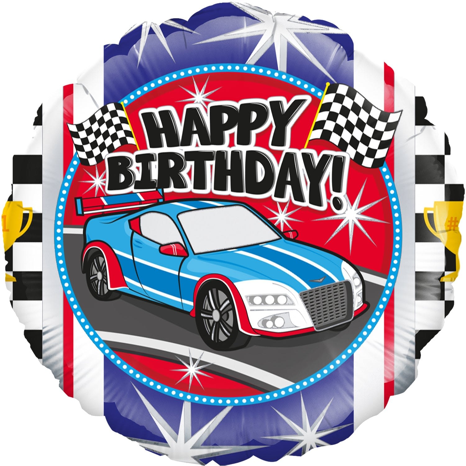 18" Racing Happy Birthday Balloon - Bring high-octane fun to a birthday celebration with this 18" Racing Happy Birthday balloon - a bold foil party accent perfect for a child's birthday or any car-enthusiast celebration. The round balloon features a bright blue race car front-and-center, oversized "Happy Birthday" lettering, checkered flags and trophy icons that instantly read as festive and energetic, making the recipient feel like the star of the racetrack.  The design pops in red, blue, black, and white with starburst accents that catch the eye from across the room. Made from durable foil, the 18-inch balloon holds helium well for table centerpieces or a festive balloon bouquet and can also be tied to gift packages or chairs for themed party décor. For best results, inflate with helium for float time or air and display on a stick; the sporty graphics make it an instant win for racers-in-training or anyone who loves cars.