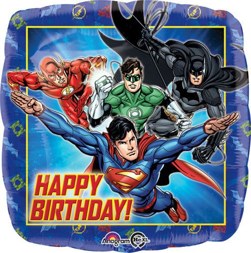 18" DC Superheroes Happy Birthday Balloon - A bold, comic-book burst of color-this 18" DC Superheroes Happy Birthday balloon brings Superman, Batman, Flash and Green Lantern together in a single, high-energy birthday accent. Perfect for a birthday party or superhero-themed celebration, the square foil balloon reads "Happy Birthday!" prominently so the recipient instantly knows the day is all about them.  The foil balloon features a bright blue background with vivid red, yellow, black and green accents that pop from across the room and coordinate with themed tableware or party décor. At 18 inches, it's a great size for table centerpieces, gift bundles, or a room-ready display when teamed with ribbon or balloon weights. Designed for easy helium inflation, it keeps the celebration looking festive and playful for the birthday child or any fan of DC heroes.