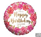 18" Rose Happy Birthday Mylar - A circular wreath of pink and red roses frames a bright "Happy Birthday" message on this 18" rose birthday mylar - a floral-themed greeting card-style balloon that reads both romantic and celebratory. Perfect for a birthday bouquet or party display, the pink, red, white, and green palette gives the recipient a feeling of joyful warmth and being truly celebrated.  The design features densely packed watercolor-style rose blooms circling a clean white center so the sentiment stays front and center. Paired with real roses or other floral gifts, this item adds height and a festive, feminine touch to an arrangement; it also stands beautifully on its own as a thoughtful card alternative that looks like a miniature floral wreath.