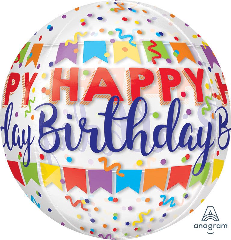22" Happy Birthday Orb - A cheerful, round 22" Happy Birthday Orb announces the celebration before the ribbon is even untied - perfect as a birthday balloon for kids, coworkers, or anyone who loves a colorful party surprise. The clear orb is printed with multicolored confetti, festive pennant banners and bold "Happy Birthday" lettering in bright reds, blues, yellows, oranges and purples, giving it an instant, playful centerpiece look that reads fun from across the room.  This arrangement arrives as a single 22-inch printed balloon on a tether, ready to float above cakes, gifts, or a cluster of complementary balloons. The clear background keeps the colors lively while white accents help the message pop; add standard helium fill for best float and display indoors. It's an easy, joyful way to make the birthday person feel celebrated - order for balloon delivery or pick-up and pair with a bouquet or small gift for a complete party presentation.