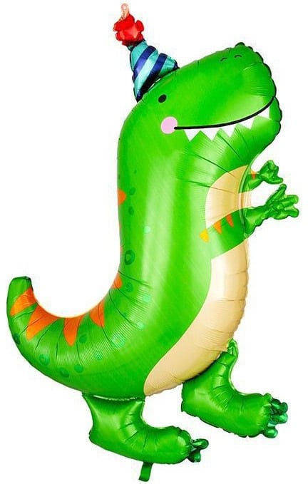 32" Party T-Rex Dinosaur Mylar - A whimsical 32" Party T‑Rex foil balloon brings playful, kid‑friendly cheer to birthdays and celebration decor. This green cartoon dinosaur with a beige belly, orange spots and a striped party hat reads as a joyful birthday accent-the kind of piece that makes the child you're celebrating grin the moment they see it.  The balloon's rounded, smiling body and small feet give it a soft, approachable look in bright green with pops of blue, pink and orange accents. As a single hard‑good foil balloon, it pairs beautifully with fresh bouquets or can stand alone as a table or room centerpiece; it's large enough to be the focal point of a kids' party display.  Perfect for birthday parties, a playful surprise, or to top a floral gift for a young dino fan, this T‑Rex helps the recipient feel celebrated and seen. Order it to add size and color to your arrangement-fill with helium for floating display and expect a long‑lasting shine that keeps the party vibe going.
