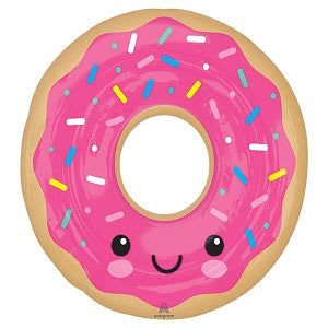 20" Donut Mylar - A cheerful, round foil balloon shaped like a frosted donut brings immediate smiles-perfect as a playful birthday balloon or party accent for kids. This 20" Donut Mylar balloon reads as a novelty gift that makes the person you're celebrating feel seen and delighted; the bright pink icing and friendly smiling face create a joyful, child-friendly focal point for a birthday, kid's party, or casual celebration.  The balloon's glossy surface shows vivid pink icing, multicolored sprinkles, a tan donut base, and pops of blue, yellow, and white for contrast. At 20 inches across, it's large enough to stand out on a table display or tied to a chair and pairs easily with bouquets or other balloon assortments. Lightweight and ready to float when filled with helium, it's an instantly cheerful touch that requires minimal care-simply inflate and enjoy.