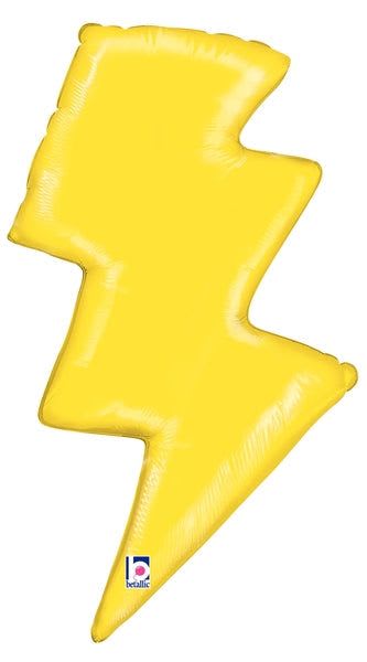 36" Jumbo Lightning Bolt Mylar - A bold, glossy 36" jumbo lightning bolt mylar balloon brings instant energy to any celebration - perfect as a birthday accent or a high-energy congratulatory surprise. This yellow foil balloon reads loud and playful, the kind of statement piece that makes the person you're celebrating feel noticed and celebrated, whether you're marking a milestone, cheering a grad, or staging a theme party.  The bright yellow lightning silhouette is a single, eye-catching piece with a reflective finish that pops against room décor or in photos. At 36 inches, it's large enough to stand alone or pair with bouquets and other balloons for a themed display; it's a light, easy-to-handle foil balloon that adds height and visual punch to your setup. Order it to top off a gift or use it as the centerpiece of a festive arrangement - it's a fast, fun way to make someone feel electrified.