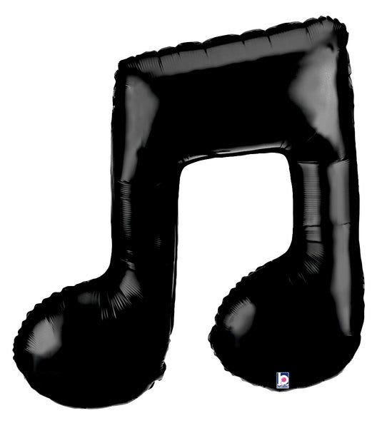 40" Music Note Mylar - A glossy black 40" music note mylar balloon makes an instant statement for music-themed celebrations - perfect for recital congratulations, band parties, or a music-lover's birthday. The oversized foil note brings playful, celebratory energy and pairs beautifully with bouquets or gift bundles to mark a special performance or achievement.  Shaped like a classic musical note with rounded edges and a high-shine surface, this black and white-accented balloon is easy to add to an arrangement or send as a solo congratulatory touch. It ships ready to inflate with a durable foil finish that holds helium for several days; ideal for staging at a podium, framing a photo-op, or adding dramatic height to a table display.
