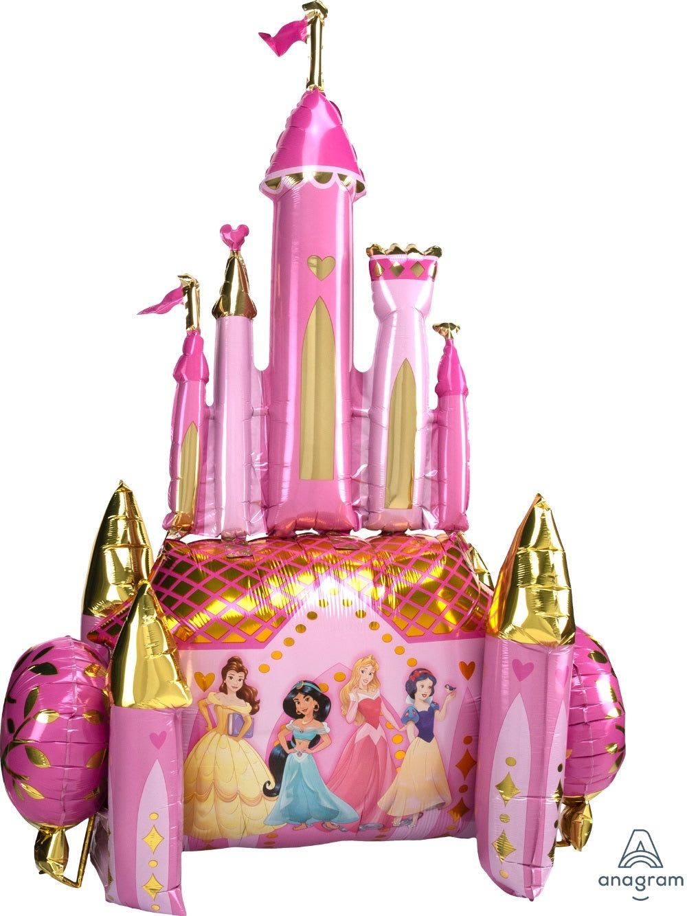 55" Jumbo Princess Castle- DOES NOT FLOAT - A towering 55" Jumbo Princess Castle foil balloon creates an instant party centerpiece that will make the birthday girl feel like royalty. This large pink princess castle flower arrangement addition is designed for themed birthdays and princess parties, with bright pink and gold accents and illustrated Disney princess characters on the front panel that delight kids and invite photos.  The shiny metallic foil finish, multiple turret-shaped towers, and mixed-color details (pink, yellow, gold) give a festive, storybook look that pairs well with balloons, bouquets, or table décor. Note: this jumbo castle does not float - it's meant to be displayed anchored to a stand or propped as a dramatic floor or table focal point. It's the kind of piece that makes the child you're celebrating feel truly seen and celebrated; order with complementary blooms or matching balloons to complete the themed setup.