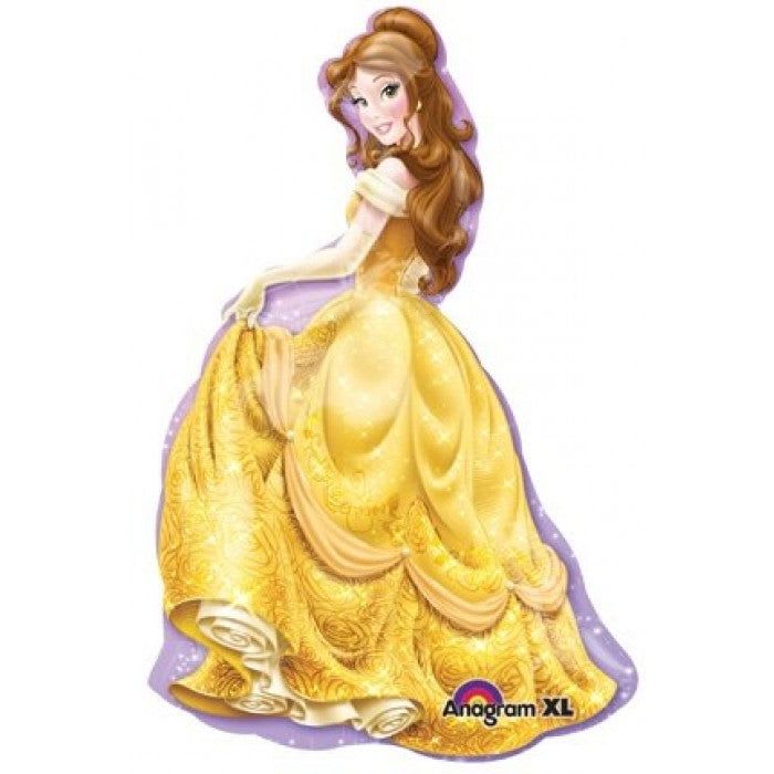 39" Jumbo "Beauty" Belle Disney Princess Mylar - A towering 39" jumbo princess-shaped foil balloon in bright yellow with purple, pink and white accents creates an immediate party focal point - perfect for a birthday celebration or princess-themed event. The graphic, glossy print of the smiling gowned figure reads joyful and celebratory, making the recipient feel singled out and delighted the moment they see it.  This arrangement features a large Anagram XL foil balloon with shiny printed highlights that mimic the shimmer of a ball gown; it pairs beautifully with coordinating blooms or stands alone as a centerpiece for a child's party, themed shower, or festive surprise. The flat, cutout design is lightweight but eye-catching; because it's a helium-ready mylar balloon, it will float for days when properly filled and tied. Order with same-day delivery options to ensure the balloon arrives ready to impress.