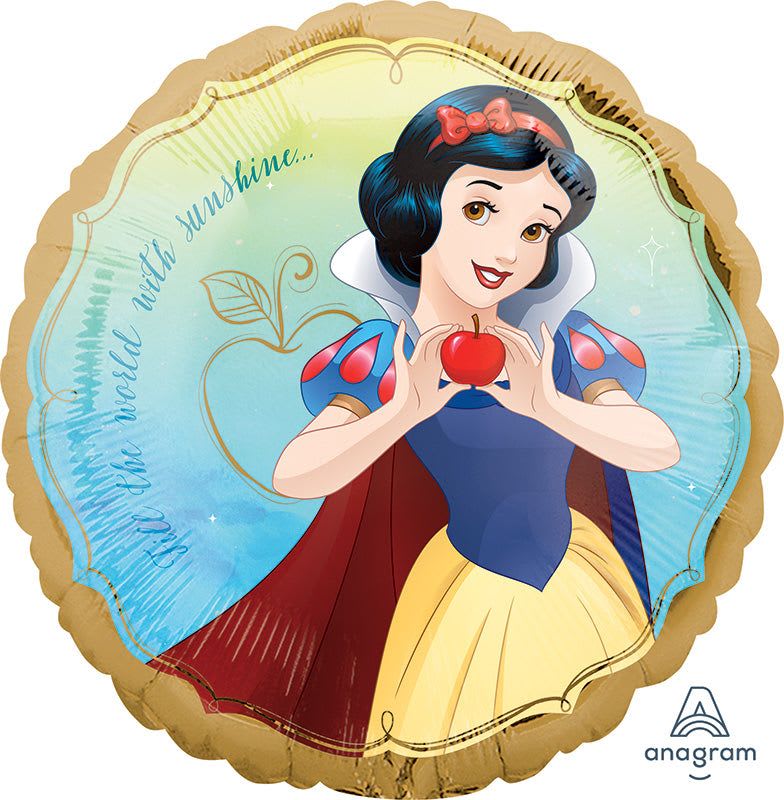 18" Snow White Mylar - Make a little princess feel celebrated with an 18" Snow White Mylar balloon - a playful, themed party accent that's perfect for a child's birthday or any Disney-inspired celebration. This round foil balloon features Snow White holding a bright red apple, set against a soft aqua background with bold blue, yellow, red, and white accents and a gold scalloped border that catches the eye. It announces the occasion the moment the room fills with color.  Crafted from foil (Anagram logo visible), this 18-inch balloon holds helium or air for tabletop or floating displays and pairs easily with bouquets or gift bundles for a coordinated look. Use it to top a birthday bouquet, brighten a themed party table, or surprise the person you're thinking of - it's the kind of gift that makes a child feel truly seen and delighted.