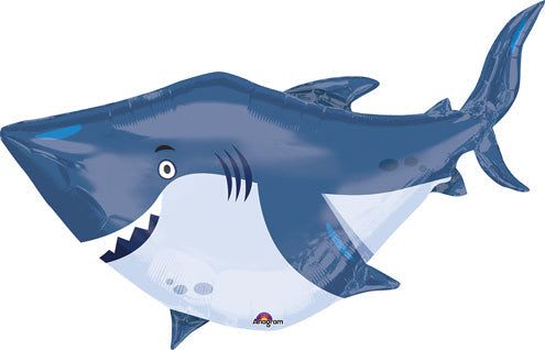 40" Jumbo Shark - A giant 40" Jumbo Shark foil balloon makes a splash for birthday parties and ocean‑themed celebrations - the playful shark balloon reads as a novelty party decoration that will make the child or shark‑fan feel instantly delighted. This blue, white, and black shark features a glossy finish, pointed fins and a friendly cartoon face that pops in photos and sets a lively, casual tone for a seaside, aquarium, or poolside party.  Sized to be the focal point of any room, the oversized foil shark delivers big visual impact without fuss - pair it with smaller balloons or table decor for a complete look. Lightweight and easy to float, it arrives ready to inflate; it's an ideal choice when you want the recipient to feel celebrated and amused, especially for kids' birthdays or themed events.