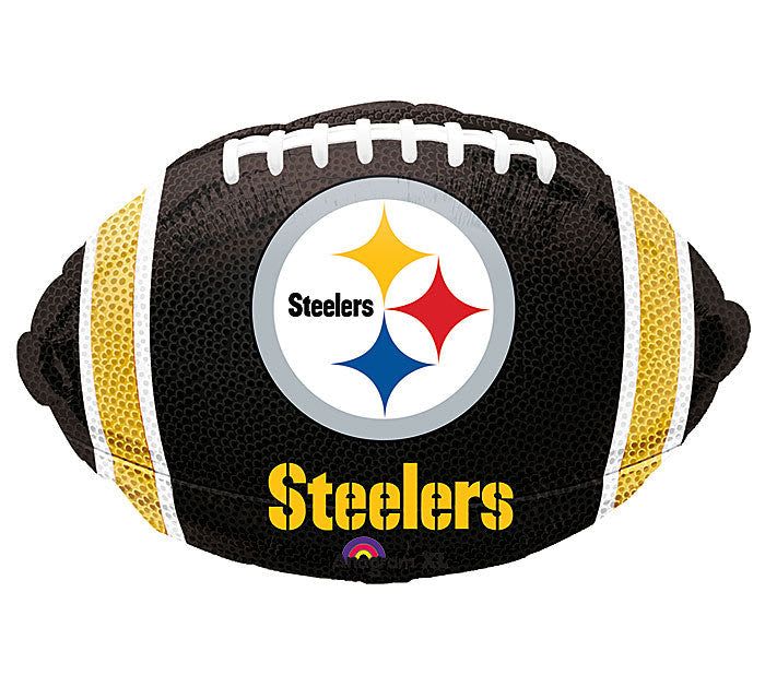 18" Pittsburgh Steelers Football Mylar - A bold, game-day focal point that speaks straight to the Steelers fan you're celebrating - an 18" football-shaped foil balloon styled with Pittsburgh Steelers branding makes an ideal gift for a birthday, tailgate, or victory party. This fan-focused balloon and its sporty black-and-gold palette announce team spirit before any words are spoken, the perfect accent for a football-themed celebration or to say "I'm thinking of you" to the person who lives and breathes the game.  The foil balloon features a deep black field, gold side panels, crisp white laces and a centered Steelers logo for instant recognition from across the room. At 18 inches across, it's a substantial single-piece gift that pairs well with bouquets, snack-table displays, or a celebratory bouquet for an at-home viewing party. Lightweight and shiny, it adds visual height and team-color contrast without overpowering other décor.  Designed for easy gifting to a fan - whether you're marking a big win, a birthday, or just sparking some team pride - this balloon arrives ready to float and make someone feel celebrated. For best results, keep it indoors and away from sharp edges; refill or replace as needed for longer-lasting party décor.