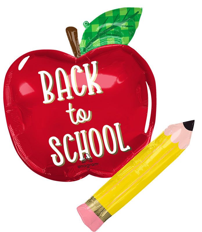31" Jumbo Back To School Mylar - A glossy red apple foil balloon celebrates the start of the school year with bright, kid-friendly energy - perfect for a back-to-school gift, classroom party, or student celebration. This 31" jumbo arrangement features the large red apple balloon printed with "Back to School" and a cheerful green leaf and brown stem, paired with a yellow pencil balloon that adds a playful classroom touch. The bold lettering and primary colors make a joyful first-day statement that will make the student feel celebrated and seen.  Made from durable foil with a high-shine finish, the set combines red, yellow, green and a hint of pink for extra pop. The pencil balloon reinforces the school theme while keeping the look light and fun; both balloons float when filled with helium and are easy to display on a classroom desk, at a school entryway, or beside a gift. Order with same-day pickup or local delivery to ensure the balloons arrive inflated and ready for the big day.