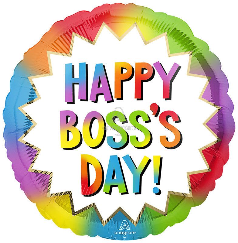18" Happy Boss's Day Mylar Balloon - Cheerful, office-ready and impossible to miss-this 18" Happy Boss's Day Mylar is a round foil balloon designed to celebrate a manager or supervisor with playful, multicolored flair. Perfect for a Boss's Day gift or workplace appreciation event, the bold "HAPPY BOSS'S DAY!" lettering sits on a white center panel framed by a rainbow gradient border, giving the piece a bright, high-contrast look that reads well from across the room.  The balloon is a durable foil (Mylar) hard good in mixed color with white and black accents, sized at 18 inches-large enough to anchor a small desk display or a larger party arrangement. Pair it with a bouquet or present it on its own to make the person you're honoring feel celebrated and seen; it's an easy, festive way to say thanks at the office with minimal fuss.