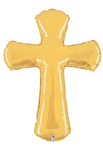 44" JUMBO Cross Mylar - A gleaming 44" jumbo cross-shaped foil balloon creates an immediate, reverent focal point for a funeral, memorial service, baptism, or celebration of faith. This gold religious balloon makes a bold, respectful statement-perfect for honoring a loved one, marking a spiritual milestone, or adding a comforting symbol to a remembrance display.  Crafted from metallic foil, the balloon's reflective gold surface catches light with soft highlights and subtle creases for a polished, ceremonial look. At 44 inches tall, it's large enough to stand out beside floral sprays, a casket tribute, or an altar arrangement; the simple cross silhouette keeps the presentation dignified and meaningful. Ideal for ordering to complement sympathy flowers or church events-inflate with helium for an upright display and follow standard foil balloon care: avoid sharp objects, keep away from heat, and tether securely for indoor or sheltered outdoor use.