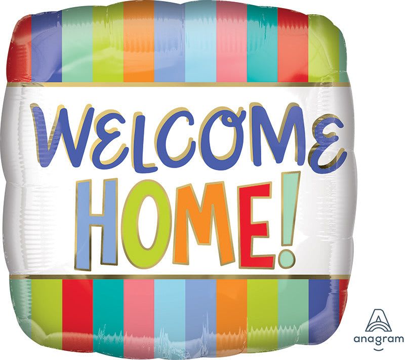 18" Welcome Home! Mylar - Celebrate a return with a bright, cheerful 18" welcome home square Mylar balloon-perfect for a housewarming or homecoming surprise. The playful "WELCOME HOME!" message in large multicolored letters immediately says joy and relief; pair it with a mixed color, white, blue, and pink bouquet to create a festive gift that makes the person you're thinking of feel seen and celebrated.  This square foil balloon features a white center panel framed by rainbow-striped borders for extra pop and visibility from across the room. Lightweight but eye-catching, the 18" size works well tucked into an arrangement or tied to a gift bag, gift basket, or bouquet stem. Add it to flowers or send it on its own to mark a move-in, military homecoming, college return, or any happy reunion-an uncomplicated, colorful touch that lifts spirits the moment it arrives.