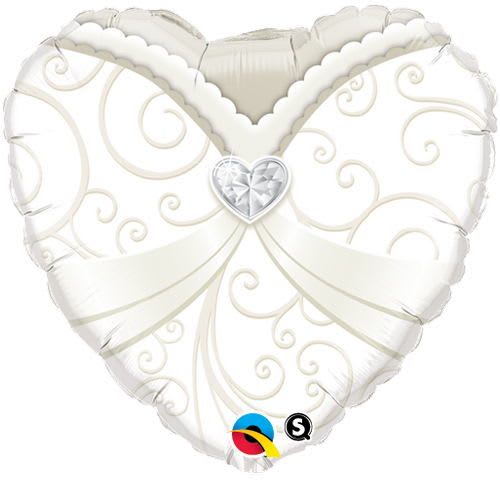 18" Bride Dress Heart Shaped Mylar - A white heart-shaped foil balloon with pale silver scrollwork and a small faceted heart accent creates an elegant, romantic touch for weddings, anniversaries, or bridal showers. This 18" bride dress-style heart balloon reads as a delicate keepsake that will make the person you're celebrating feel honored and cherished without overpowering other décor or gifts.  The clean white palette and soft silver detailing pair easily with bouquets, gift baskets, or table arrangements; the symmetrical, decorative design gives a refined, non-floral accent that complements classic wedding whites or anniversary themes. Made of foil, this 18" mylar balloon holds helium well and adds a polished, long-lasting accent to any celebratory presentation.  Perfect for dressing up a gift table, accenting a bouquet, or sending as a single heartfelt token, this balloon arrives ready to be filled with helium or air. Its compact 18" size makes it simple to combine with other balloons or floral pieces for a thoughtful, picture-ready presentation the recipient will remember.