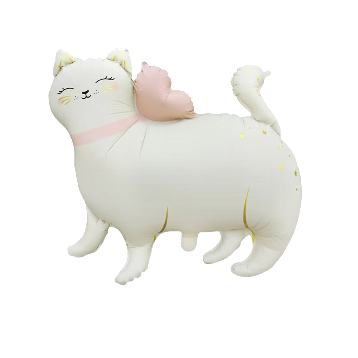 27" Cat with Pink Bow Mylar - A playful cat-shaped foil balloon in soft white with pink accents and sweet yellow cheek and ear details-perfect for a birthday celebration or to brighten a child's party. This 27" cat with a pink bow reads as a decorative gift that will make the person you're thinking of smile the moment it arrives, adding whimsy and instant charm to any room.  Made from durable foil, the rounded body, raised tail and printed pink bow create a cheerful, whimsical look that holds helium well for display or pairs nicely with other balloons and small bouquets. Lightweight and ready to inflate, it's an easy way to mark birthdays, baby showers, congratulations, or just-saying-you-care moments with something fun and festive.