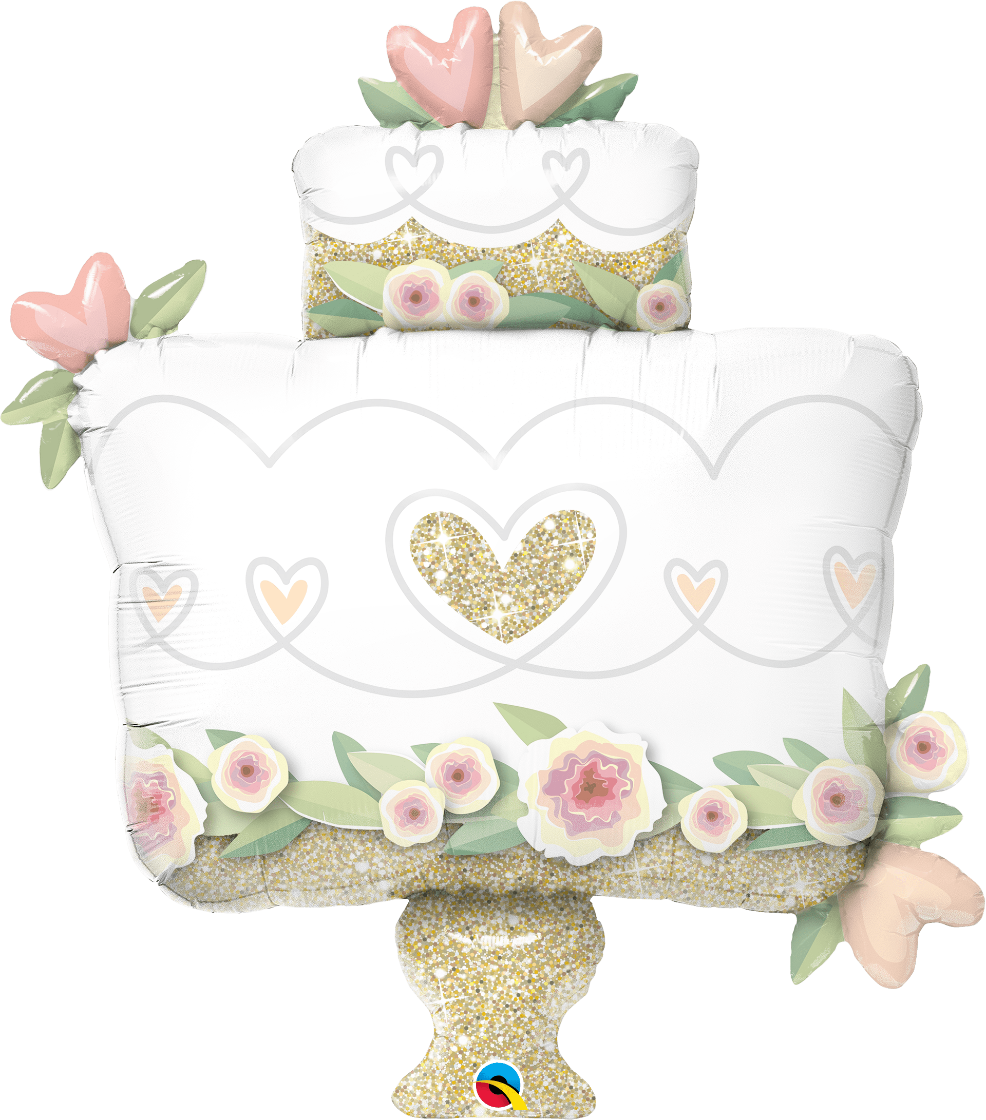38" JUMBO Wedding Cake Mylar - A whimsical, tiered 38" JUMBO wedding cake mylar balloon makes a playful centerpiece for a wedding, anniversary, or romantic celebration. This decorative foil balloon arrangement reads like a pastel confection-mostly white with glittery gold tiers, soft pink heart accents, and touches of yellow and green-so the person you're celebrating will feel delighted and noticed from across the room.  Designed as a statement stand-alone piece, the cake-shaped foil balloon includes stylized floral trim along the top and bottom edges and cheerful heart balloons to reinforce the romantic or celebratory message. At 38 inches tall it fills space like a small décor column and pairs easily with bouquets or table arrangements for photos and reception decor.  Perfect for marking anniversaries, engagement parties, bridal showers, or a special birthday, this jumbo mylar cake adds instant festivity without fuss. It's ready to display right out of the box-no watering or floristry required-so it's an effortless way to make the recipient feel celebrated.
