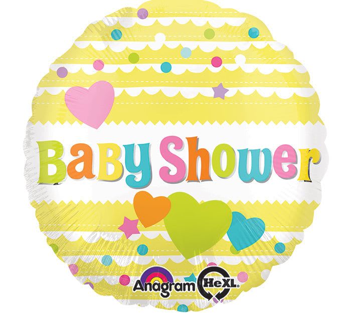 18" Baby Shower Yellow Mylar - A cheerful 18" Baby Shower foil balloon that instantly signals celebration-perfect for a baby shower, gender-reveal party, or to welcome a new little one. The round mylar features "Baby Shower" in bright multicolored letters against a sunny yellow-and-white striped background dotted with pastel hearts and confetti, so the person you're honoring will feel celebrated the moment guests arrive.  This balloon pairs beautifully with yellow, pink, white, or mixed-color arrangements and adds height and festive sparkle when anchored to a centerpiece or bouquet. Sized 18 inches, it's ready to be filled with air or helium and includes the durable foil material for longer-lasting display than latex. Add this balloon to your order for a playful, photo-ready accent that makes the guest of honor feel truly special.