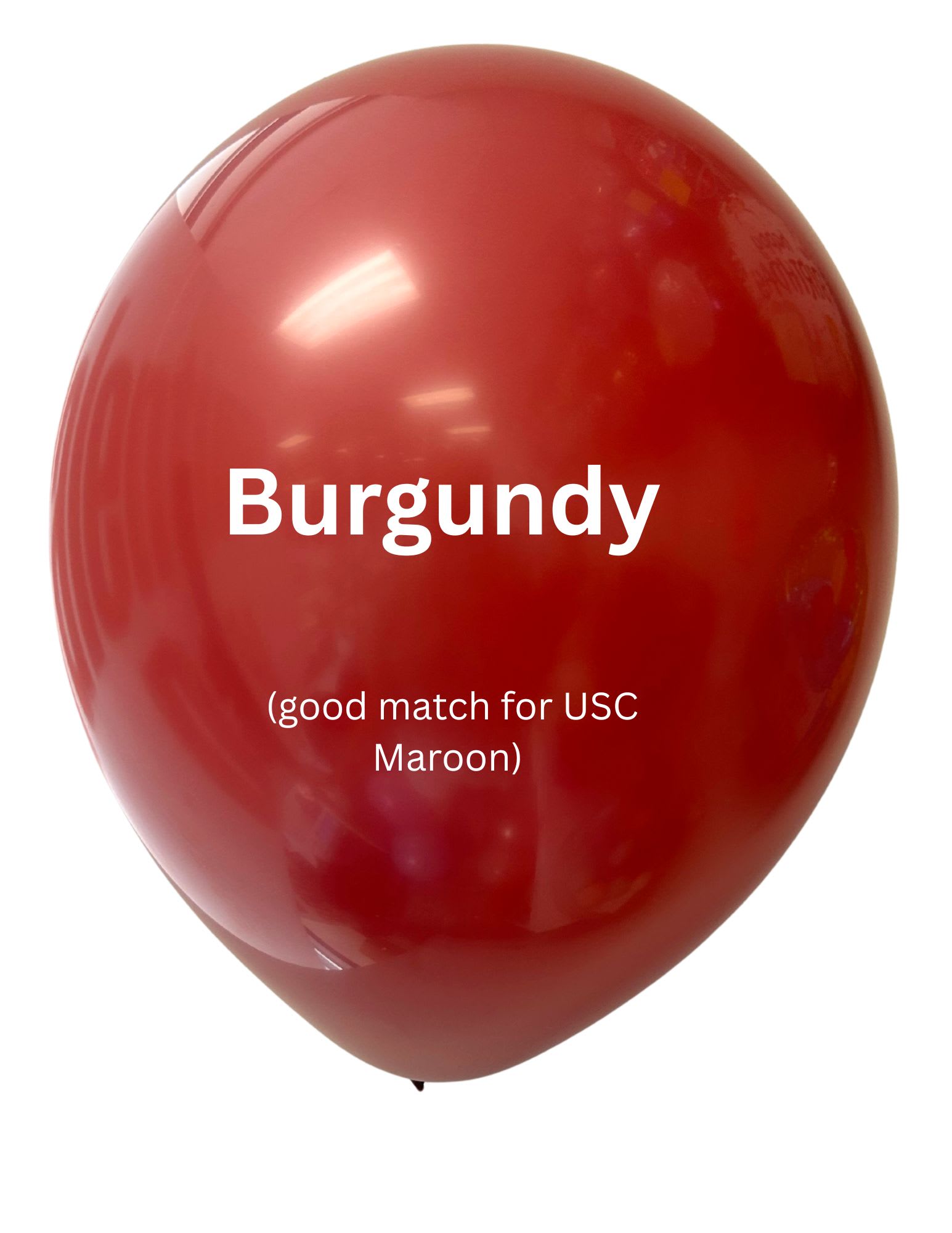 A burgundy balloon with white text on a plain background.