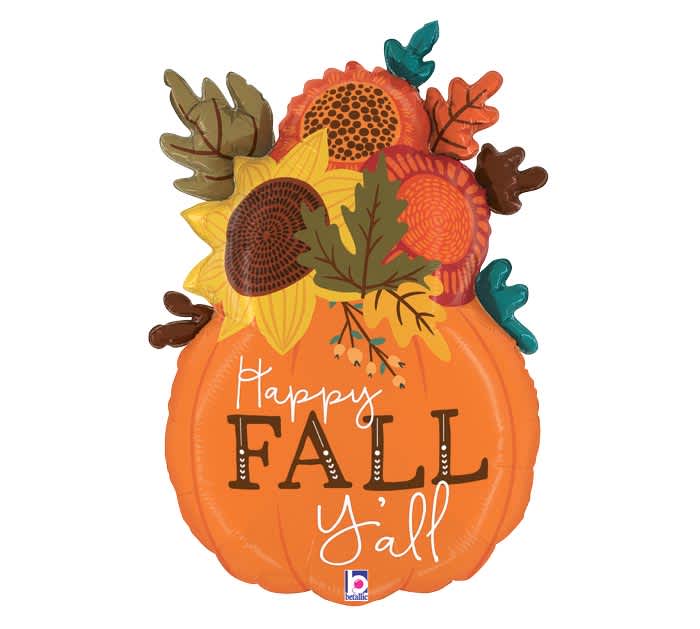 Orange pumpkin-shaped balloon with fall flowers and leaves, reading Happy Fall Y'all