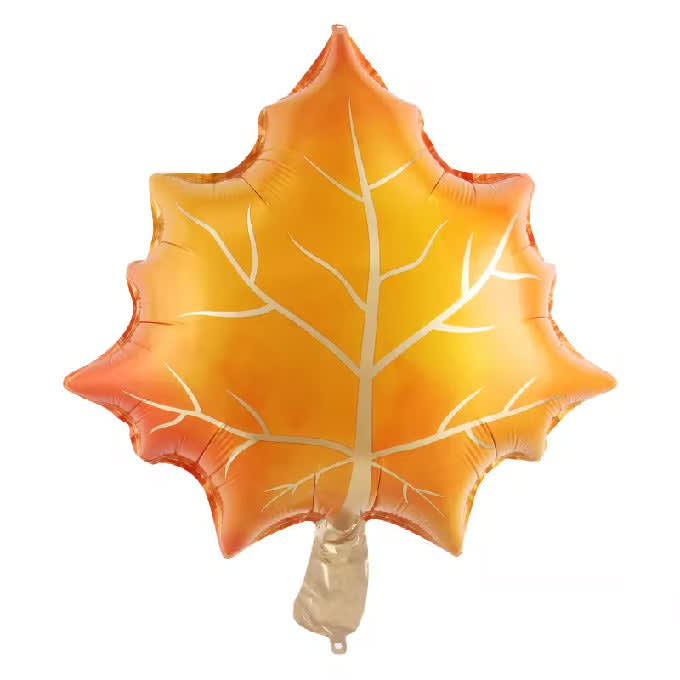 Orange leaf-shaped foil balloon with white vein details
