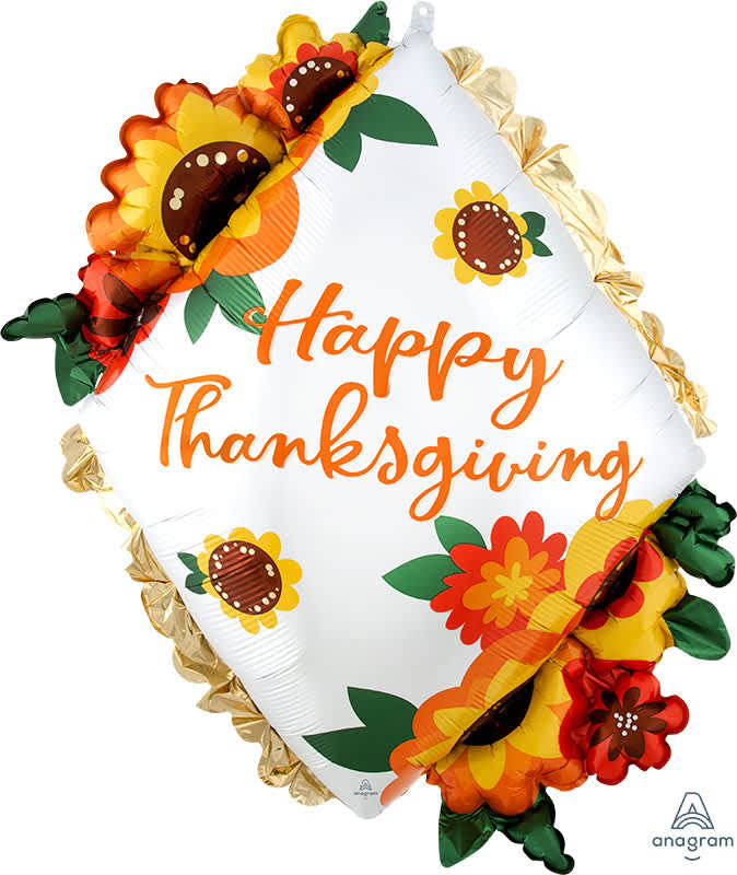 Thanksgiving balloon with sunflower decorations and orange lettering