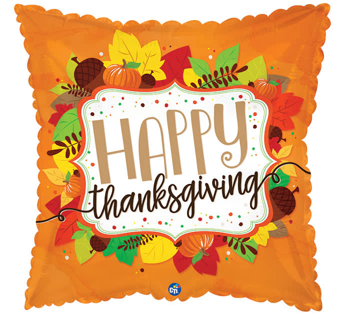 Orange Thanksgiving balloon with fall leaves and pumpkins
