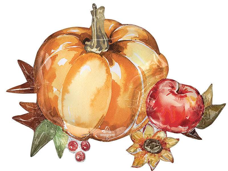 Pumpkin-shaped foil balloon with an apple and sunflower accents
