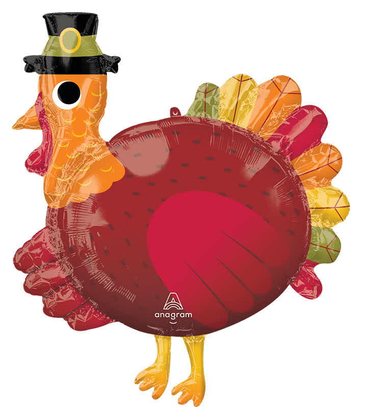 Turkey-shaped foil balloon wearing a pilgrim hat