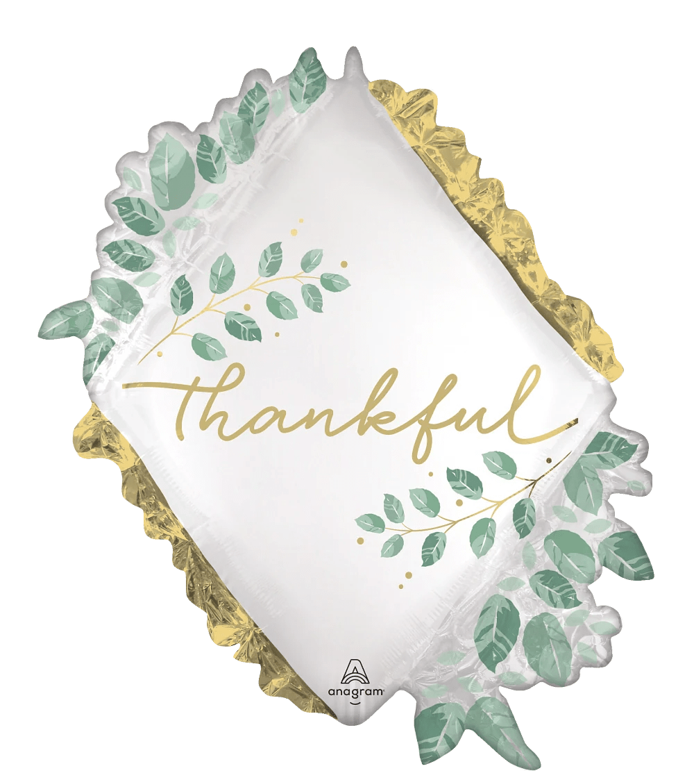 Diamond-shaped foil balloon with the word thankful and leaf graphics
