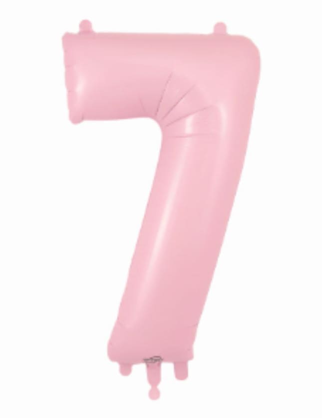 34" Pastel Pink #7 Number Balloon - Make their milestone impossible to miss with a large pastel pink number balloon - a playful, glossy 34" foil digit perfect for a birthday bouquet, anniversary display, or any numbered celebration. This pink number balloon (seen here as the #7) brings instant party energy and visual focus, letting the recipient know the day is all about them.  The balloon's soft metallic pink finish and clean white highlights catch light for a cheerful, photo-ready shine. Sold as an individual 34" foil number, it pairs beautifully with white or pink flowers, confetti, or other balloons to create a personalized arrangement or standalone statement piece. Lightweight and easy to position, it's ideal for milestone birthdays, anniversaries, graduations, or any event where a specific number marks the moment.  For gifting, use it to headline a floral arrangement or tether it to a gift table so the honoree feels celebrated from across the room. Care is simple: keep away from sharp objects and extreme heat; if filled with helium expect several hours to a few days of float time depending on conditions, or choose air fill for long-lasting displays.