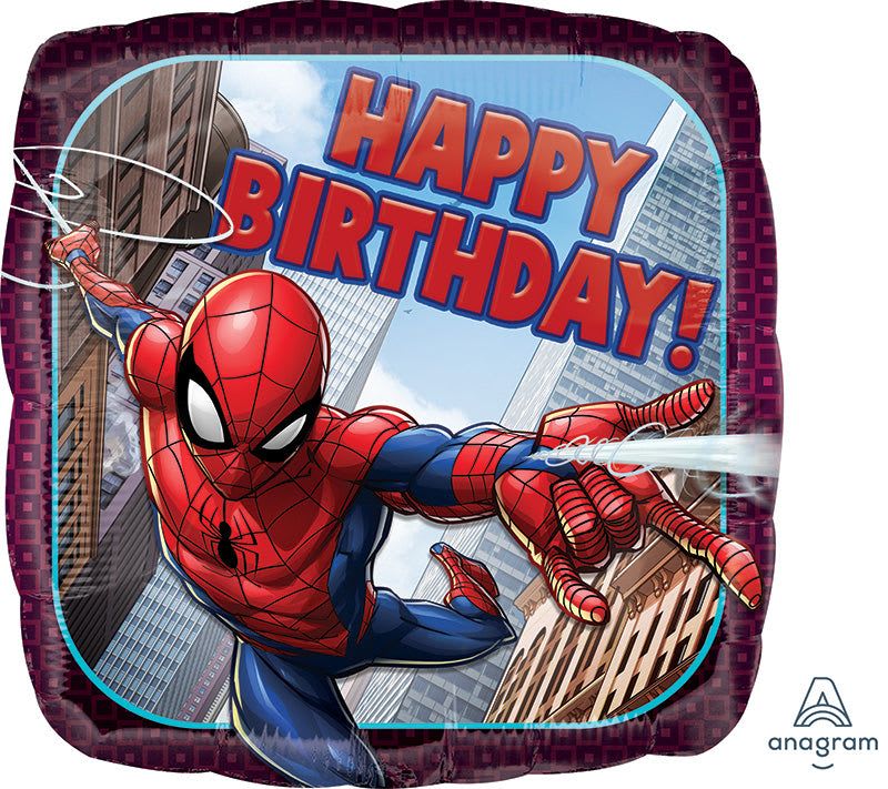 18" Spiderman Happy Birthday - A playful 18" Spiderman Happy Birthday arrangement that instantly signals fun and celebration for a child's party or superhero fan. This birthday flower arrangement pairs a round, multicolored "Happy Birthday" foil balloon and a square Spider-Man foil balloon-both bright and energetic-so the recipient feels celebrated the moment they see it. Ideal for a kid's birthday, themed party, or to surprise the person who loves comic-book heroes.  Perfect for children, teens, or any Spider-Man fan who should feel genuinely excited and seen on their birthday. Order with confidence for same-day pickup or delivery where available; balloons come inflated and secured so they stay bright through the party.