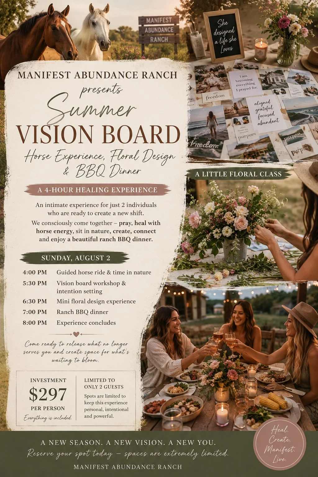 Promotional poster with horses, floral arrangements, and women dining outdoors