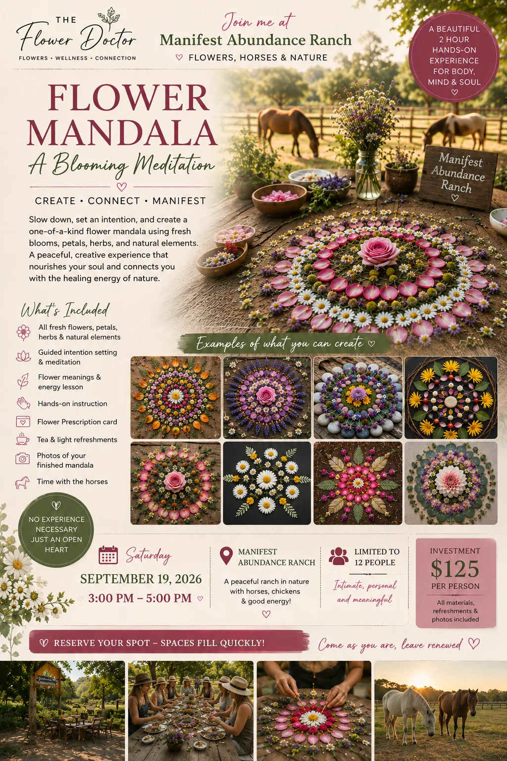 Poster for a flower mandala workshop with floral circles and horses in a ranch setting