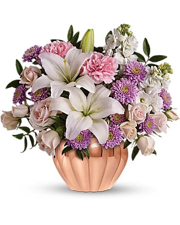 Love's Sweet Medley by Teleflora - Birthday? Anniversary? Thinking of you? Whatever the occasion here's an affordable gift that's sure to be a huge hit. Roses lilies and other favorites in a lovely rose gold Jardiniere vase - who wouldn't love it?
