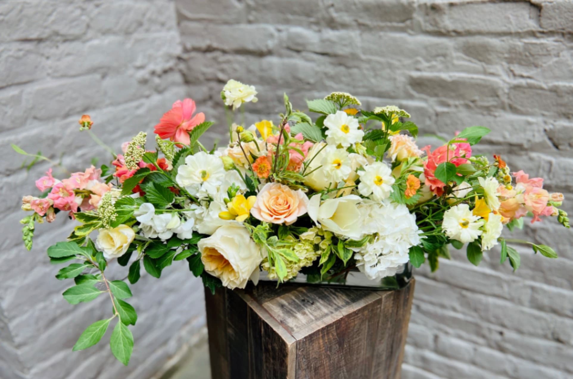 Statement Long and Low Arrangement - Overflowing with the very best of the season's freshest blooms, this luxurious long-and-low garden-style arrangement is the perfect addition to the party!  The best part?  You choose the color palette -- or let our skilled designers select the best options to suit your special event.  Pictured is a springtime blend of heirloom tulips, garden roses and butterfly ranunculus in white, cream, yellow, and peach, arranged in a long rectangular glass vase.  Designed to sit low and spread wide, this abundant arrangement is ideal for long dining tables and mantel displays -- and especially as a meaningful gift that will leave a lasting impression.  Arrangement measures approximately 26" long by 8" wide.