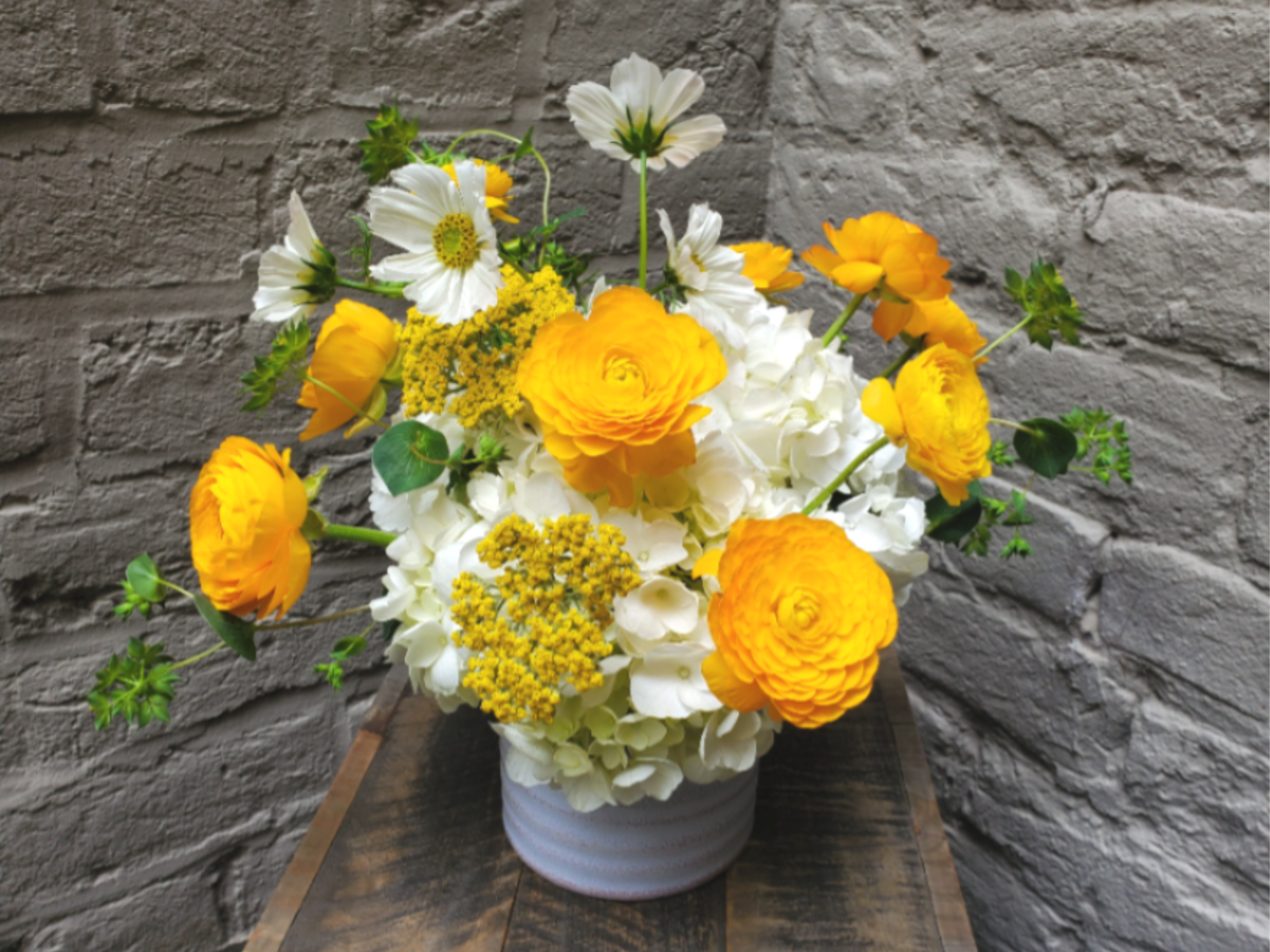 Limoncello - Bright and refreshing, this arrangement of bright yellow and crisp white is sure to bring a smile to anyone's face!  Lemony ranunculus interplay with fluffy hydrangea and airy local cosmos within a soft blue ceramic vase, offering just the right amount of elegant contrast -- like the sun and clouds drifting across a beautiful summer sky.  Standard arrangement measures approximately 12x12".
